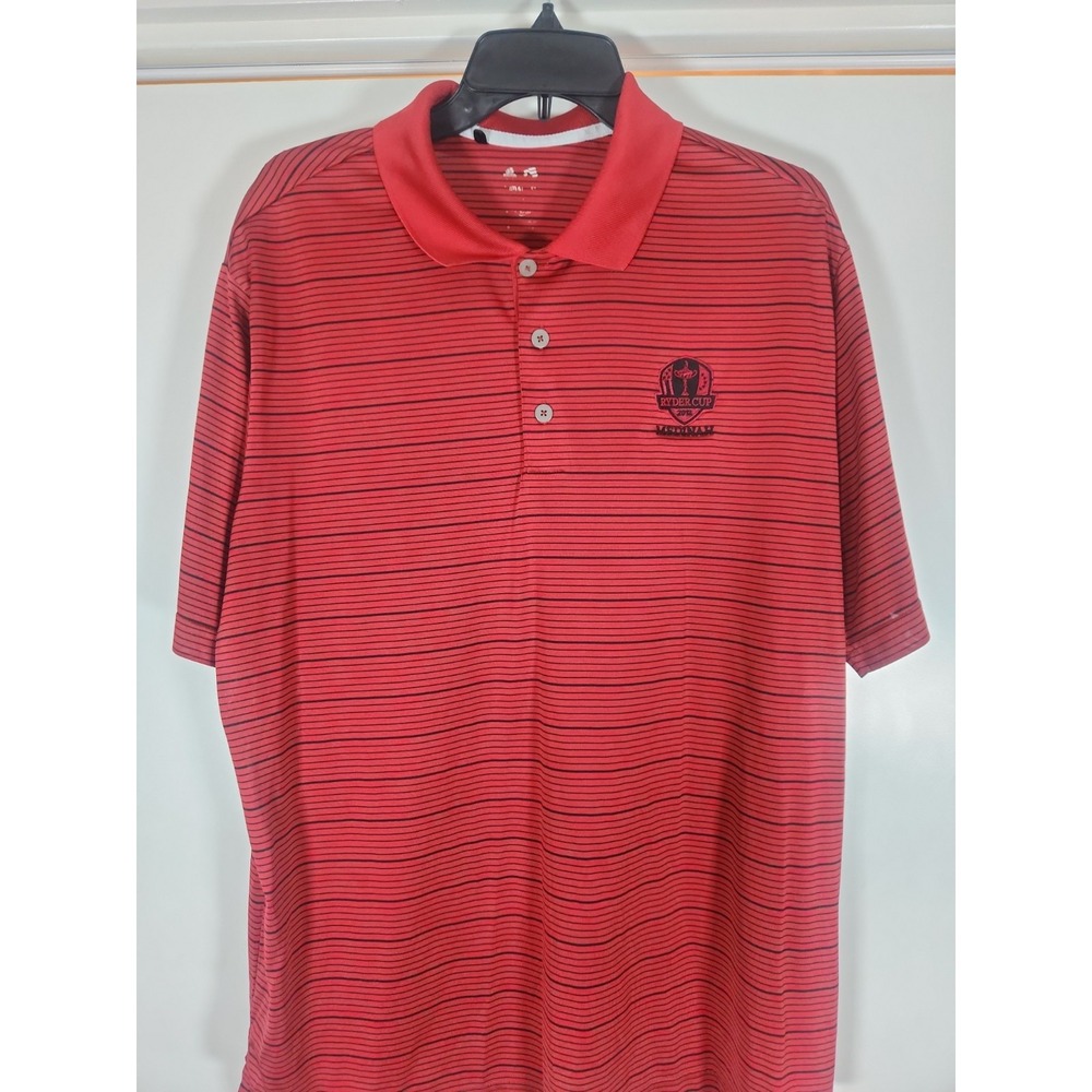 Adidas Climalite Polo Shirt LARGE Red Black Stripe 2012 Ryder Cup Medinah